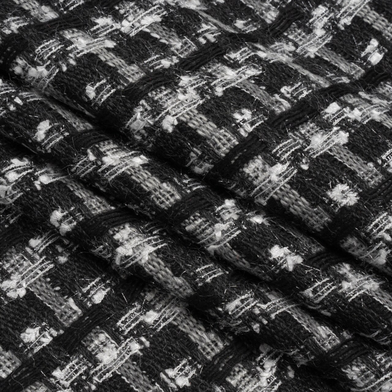 1 Yard Wool Blend Tweed with Metallic Eyelash Fringe Black and White Plaid